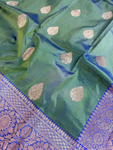 Dual Shade Pista Green Pure Katan Silk Saree with Royal Blue Color Border and Pallu - Kaash