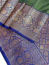 Dual Shade Pista Green Pure Katan Silk Saree with Royal Blue Color Border and Pallu - Kaash