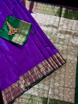 Dual Shade Purple & Blue Banarasi saree in banarasi satin silk with plain body with bottle green borders & pallu — Kaash Collection