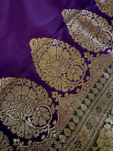 Dual Shade Purple & Blue Banarasi saree in banarasi satin silk with plain body with bottle green borders & pallu — Kaash Collection