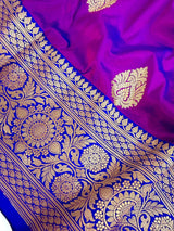 Dual Shade Purple Color Pure Katan Silk Saree with Blue Color Border and Pallu - Kaash