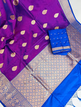Dual Shade Purple Color Pure Katan Silk Saree with Blue Color Border and Pallu - Kaash