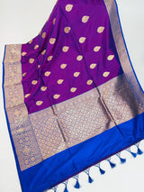 Dual Shade Purple Color Pure Katan Silk Saree with Blue Color Border and Pallu - Kaash
