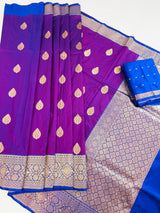Dual Shade Purple Color Pure Katan Silk Saree with Blue Color Border and Pallu - Kaash