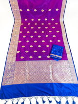 Dual Shade Purple Color Pure Katan Silk Saree with Blue Color Border and Pallu - Kaash