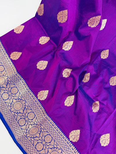 Dual Shade Purple Color Pure Katan Silk Saree with Blue Color Border and Pallu - Kaash