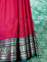Dual Shade Redish Pink Banarasi Silk Saree with Green Border Pallu - Kaash
