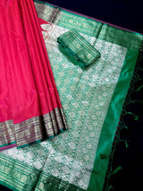 Dual Shade Redish Pink Banarasi Silk Saree with Green Border Pallu - Kaash
