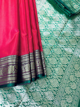 Dual Shade Redish Pink Banarasi Silk Saree with Green Border Pallu - Kaash