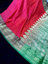 Dual Shade Redish Pink Banarasi Silk Saree with Green Border Pallu - Kaash