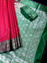 Dual Shade Redish Pink Banarasi Silk Saree with Green Border Pallu - Kaash