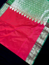 Dual Shade Redish Pink Banarasi Silk Saree with Green Border Pallu - Kaash