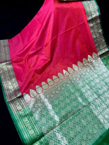 Dual Shade Redish Pink Banarasi Silk Saree with Green Border Pallu - Kaash