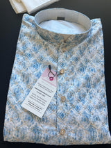 Dual-Shade Blue & White men's kurta pajama in soft butter silk with dual-shade floral digital prints with zari jaal — Kaash Collection