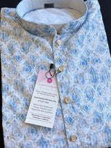 Dual-Shade Blue & White men's kurta pajama in soft butter silk with dual-shade floral digital prints with zari jaal — Kaash Collection