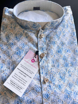 Dual-Shade Blue & White men's kurta pajama in soft butter silk with dual-shade floral digital prints with zari jaal — Kaash Collection