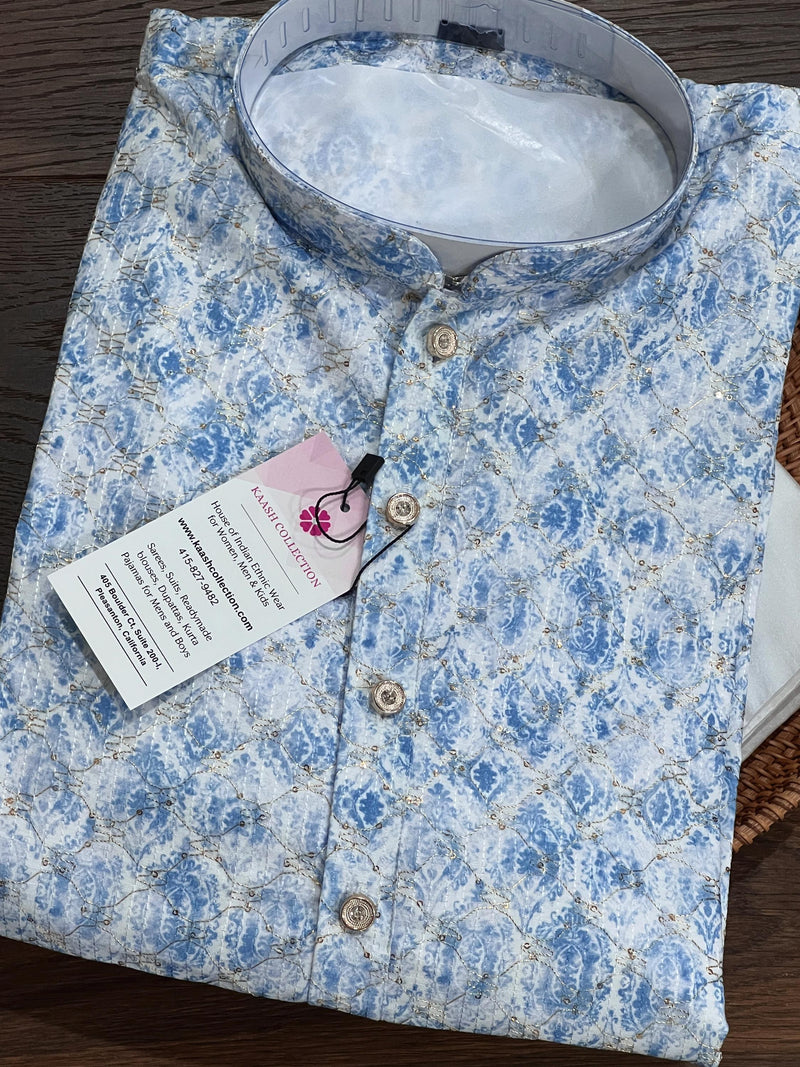 Dual Shaded Kurta in Blue and White with Zari Strings and tiny Sequin Work Allover | Pastel Color Kurta | Wedding Party Wear Kurta - Kaash
