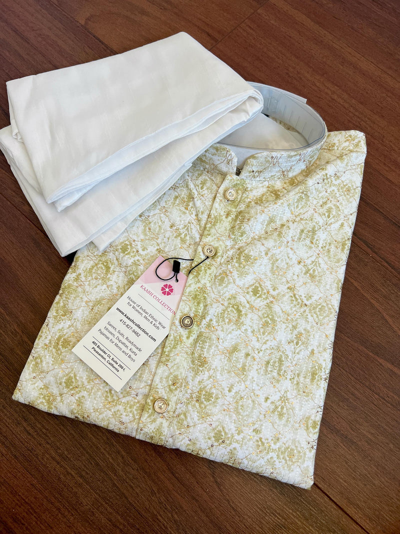 Dual Shaded Kurta in Pastel Green and White with Zari Strings and tiny Sequin Work Allover | Pastel Color Kurta | Wedding Party Wear Kurta - Kaash
