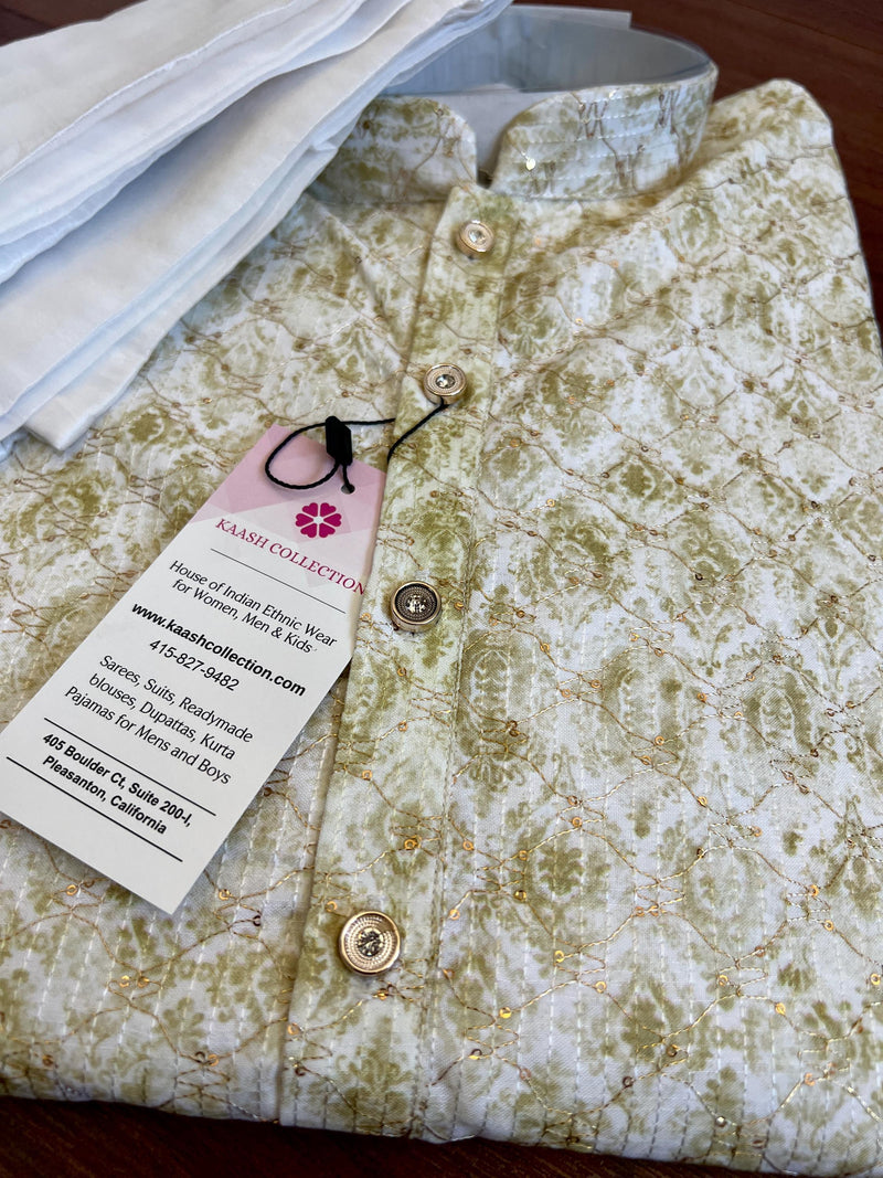 Dual Shaded Kurta in Pastel Green and White with Zari Strings and tiny Sequin Work Allover | Pastel Color Kurta | Wedding Party Wear Kurta - Kaash
