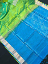 Silk Mark Certified Dual-Tone Green & Sky Blue Pure Kanjivaram saree in pure kanjivaram soft silk with kanjivaram handloom with double-warp construction — Kaash Collection