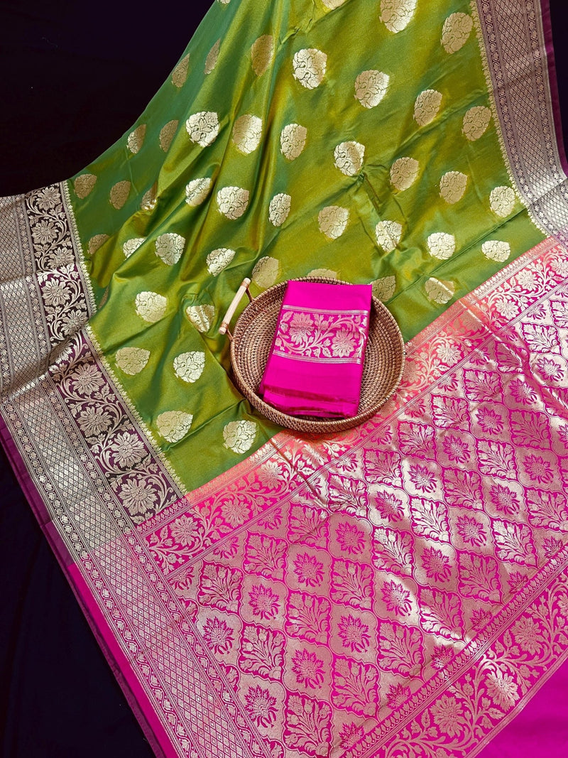 Dual Tone Mehndi Green with Hot Pink Banarasi saree in banarasi soft silk (not pure) with gold zari weave with hot pink pallu — Kaash Collection