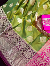 Dual Tone Mehndi Green with Hot Pink Banarasi saree in banarasi soft silk (not pure) with gold zari weave with hot pink pallu — Kaash Collection