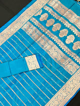 Dual Tone Turquoise Color with undertone of Blue Pure Banarasi Katan Silk Saree with Copper and Sliver Zari - Kaash