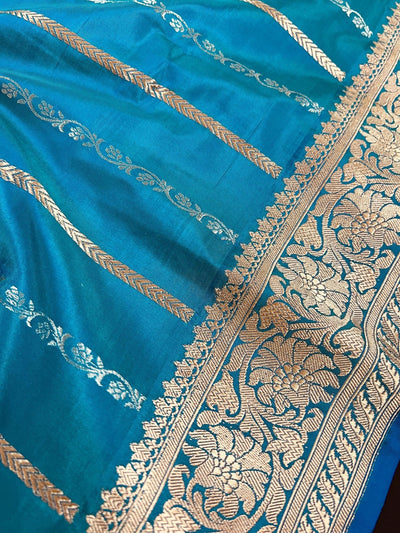Silk Mark Certified Turquoise Dual-Tone with Blue saree in pure banarasi katan silk with copper & silver zari stripes with dense pallu — Kaash Collection