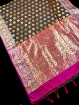 Dual wrap Banarasi Silk Saree in Rust and Dark Green tone with Hot Pink Satin Patta Wide Border - Kaash