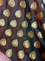 Dual wrap Banarasi Silk Saree in Rust and Dark Green tone with Hot Pink Satin Patta Wide Border - Kaash