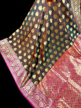 Dual wrap Banarasi Silk Saree in Rust and Dark Green tone with Hot Pink Satin Patta Wide Border - Kaash