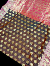Dual wrap Banarasi Silk Saree in Rust and Dark Green tone with Hot Pink Satin Patta Wide Border - Kaash