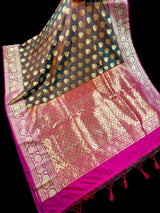Dual wrap Banarasi Silk Saree in Rust and Dark Green tone with Hot Pink Satin Patta Wide Border - Kaash