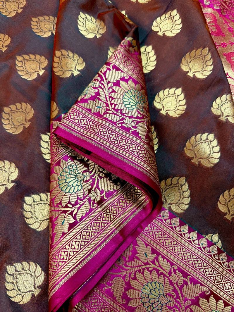 Dual wrap Banarasi Silk Saree in Rust and Dark Green tone with Hot Pink Satin Patta Wide Border - Kaash