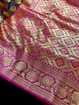 Dual wrap Banarasi Silk Saree in Rust and Dark Green tone with Hot Pink Satin Patta Wide Border - Kaash