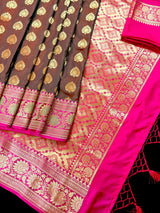 Dual wrap Banarasi Silk Saree in Rust and Dark Green tone with Hot Pink Satin Patta Wide Border - Kaash