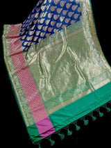 Dull Blue with Green and Pink color combination Traditional Satin Border Banarasi Handloom Soft Silk Saree - Kaash