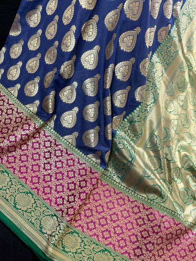 Dull Blue with Green and Pink color combination Traditional Satin Border Banarasi Handloom Soft Silk Saree - Kaash