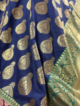 Dull Blue with Green and Pink color combination Traditional Satin Border Banarasi Handloom Soft Silk Saree - Kaash