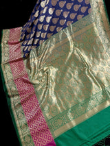 Dull Blue with Green and Pink color combination Traditional Satin Border Banarasi Handloom Soft Silk Saree - Kaash