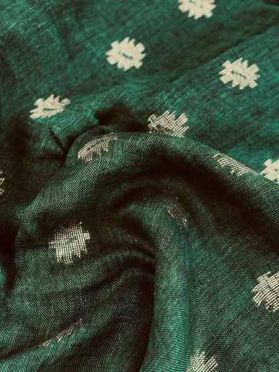 Dull Green Color Linen Bengal Handloom Saree with Muted Gold Zari Weave - Kaash