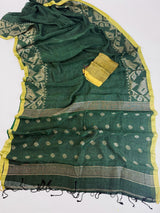 Dull Green Color Linen Bengal Handloom Saree with Muted Gold Zari Weave - Kaash