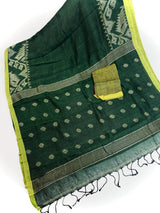 Dull Green Color Linen Bengal Handloom Saree with Muted Gold Zari Weave - Kaash