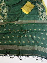Dull Green Color Linen Bengal Handloom Saree with Muted Gold Zari Weave - Kaash