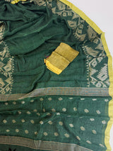 Dull Green Color Linen Bengal Handloom Saree with Muted Gold Zari Weave - Kaash