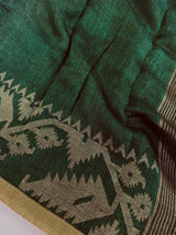 Dull Green Color Linen Bengal Handloom Saree with Muted Gold Zari Weave - Kaash