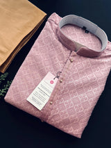 Dusty Pink Men Kurta Pajama with Embossed Embroidery and Zari - Kaash