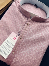 Dusty Pink Men Kurta Pajama with Embossed Embroidery and Zari - Kaash