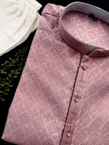 Dusty Pink Men Kurta Pajama with Embossed Embroidery and Zari - Kaash