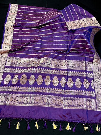 Silk Mark Certified Eggplant with Wine Undertone Pure Katan saree in pure katan silk with copper & silver zari stripes with pallu buttas — Kaash Collection